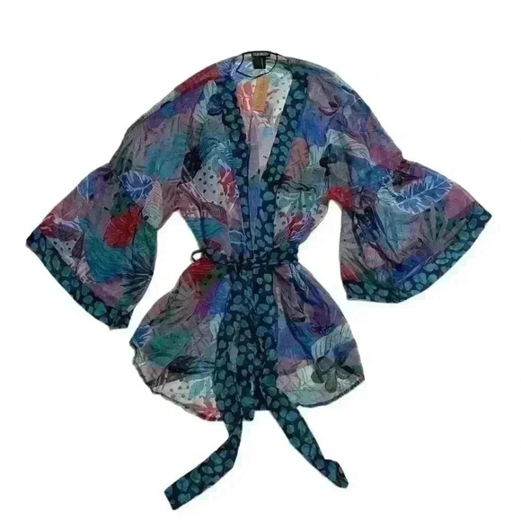 NWT Steve Madden Womens Tropical Jungle Tie Front Kimono Grap Blue Tropical OS - Picture 5 of 9